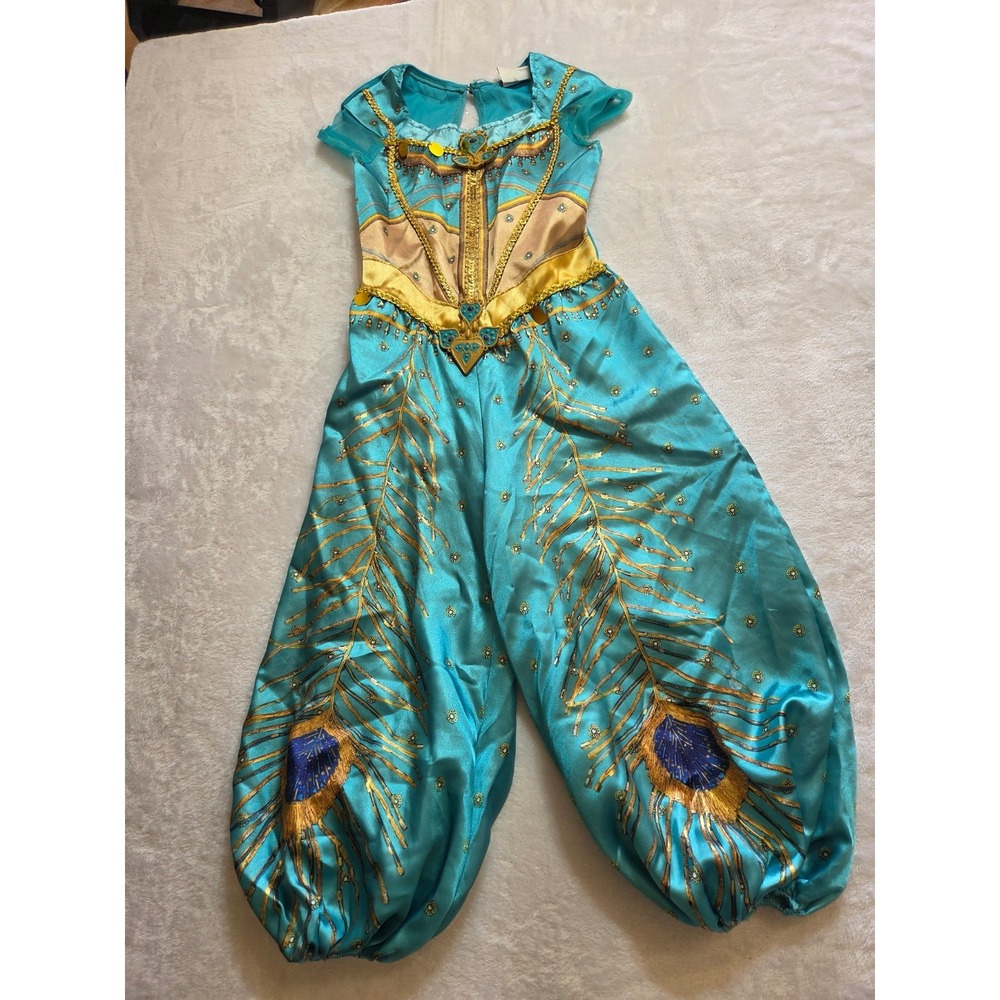 385 Disney Aladdin Jasmine Jumpsuit Costume Girls XS 3T-4T Turquoise Gold